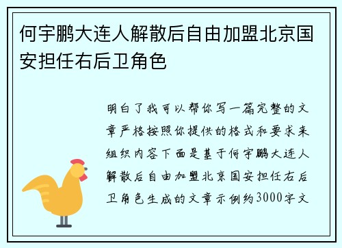 何宇鹏大连人解散后自由加盟北京国安担任右后卫角色